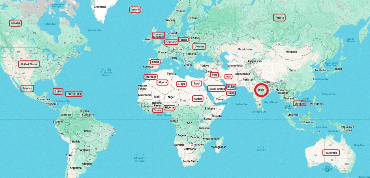 World map showing global reach with highlighted countries